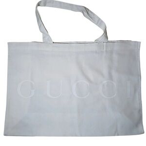Gucci White Cotton Canvas Tote Bag Embossed Logo Monogram Large Shopping Travel